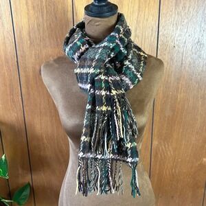 Vintage Style Multicolor Plaid Houndstooth Scarf with Fringe Green Brown Pink